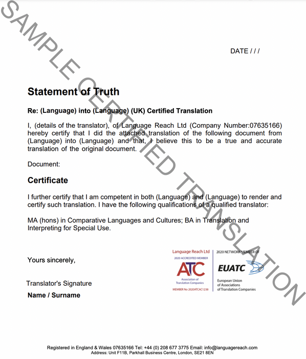 Certified translation document example