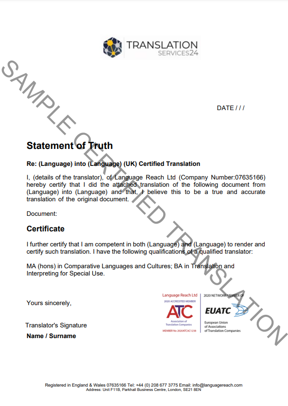 UK Certified Document Translation example